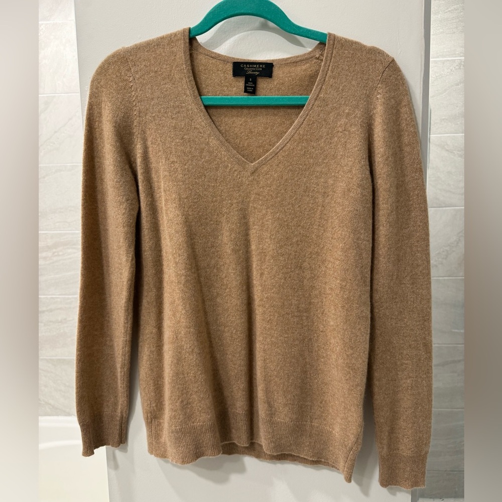 Charter Club Luxury Women’s Sweater V Neck Cashmere 2-Ply Camel Neutral